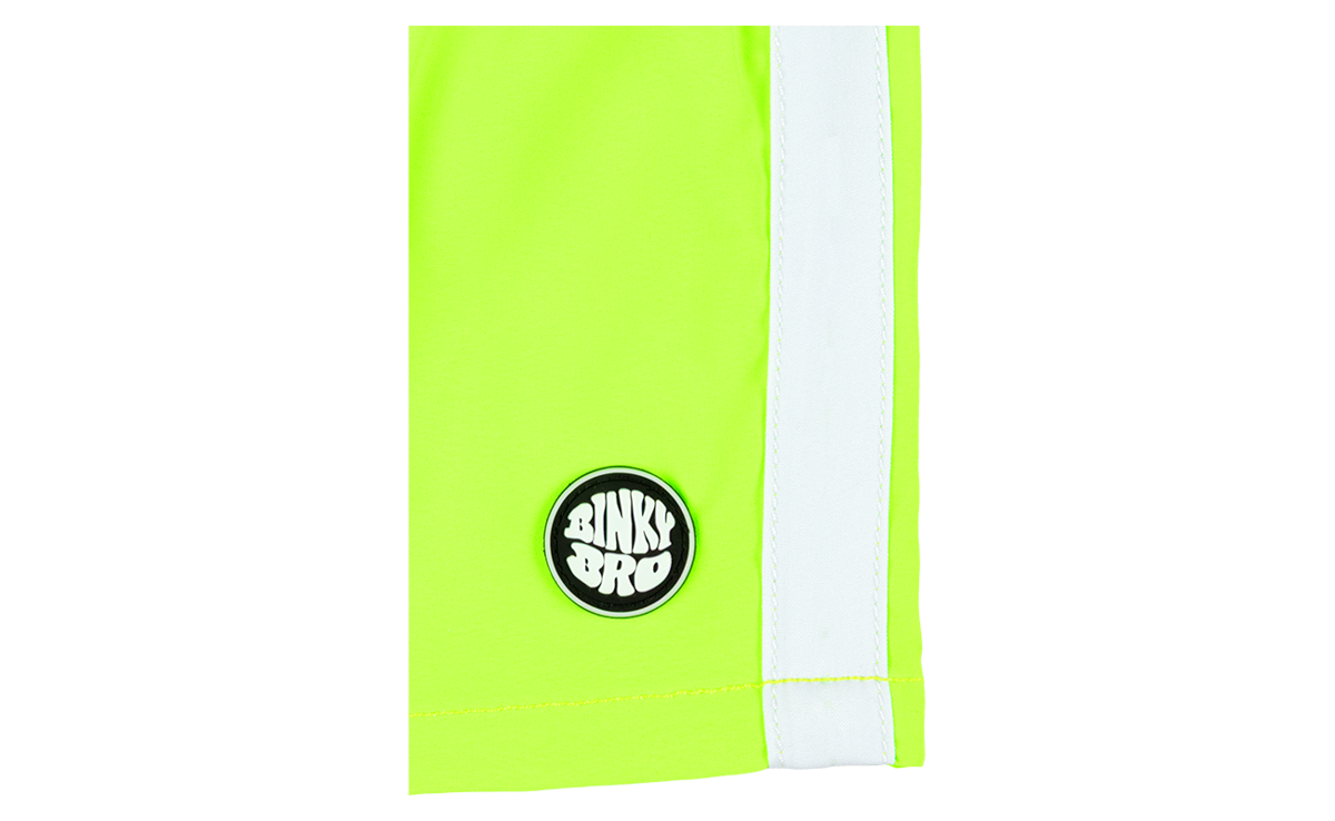 Bright neon green shorts featuring a white trim and a circular BinkyBro logo, perfect for active kids.