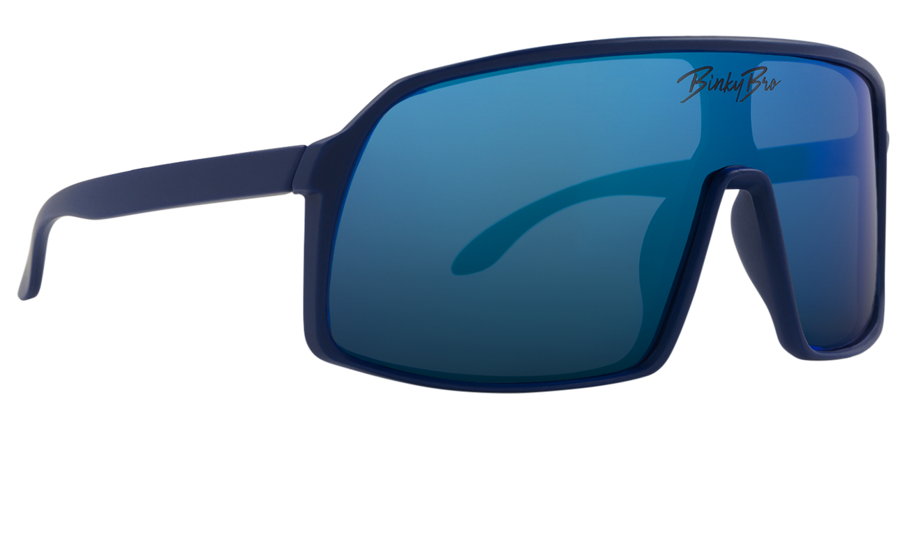 Navy sunglasses with a modern oversized frame and blue lenses, designed for stylish outdoor adventures.