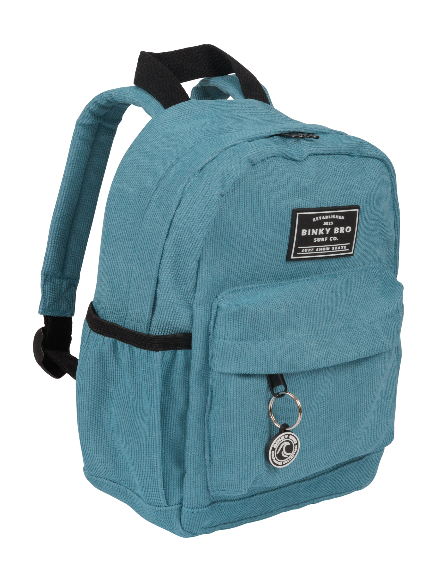 Blue corduroy backpack with adjustable straps, front pocket, and BinkyBro logo, perfect for kids' everyday adventures.