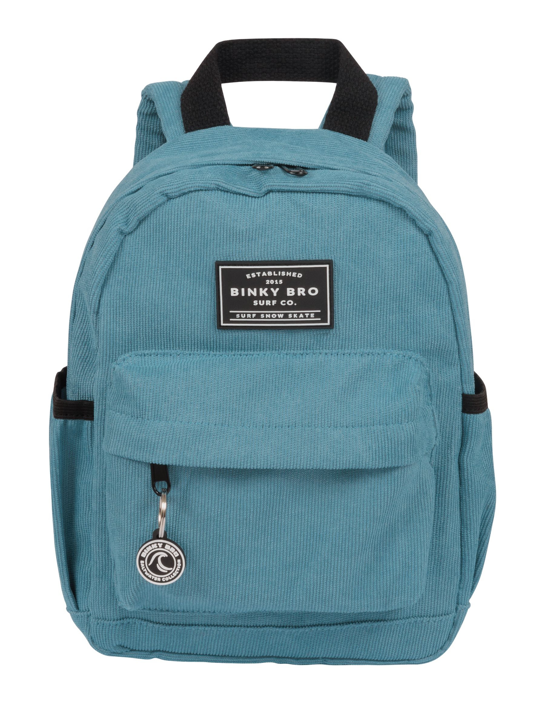 Blue corduroy backpack with a front pocket and Binky Bro logo, designed for kids' stylish and active lifestyles.
