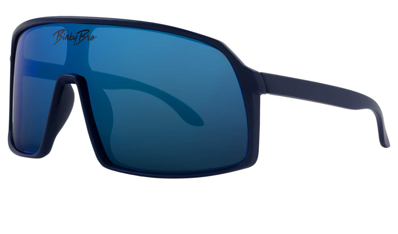 Stylish navy sunglasses with blue lenses, designed for a surf-snow-skate lifestyle, perfect for kids and youth.