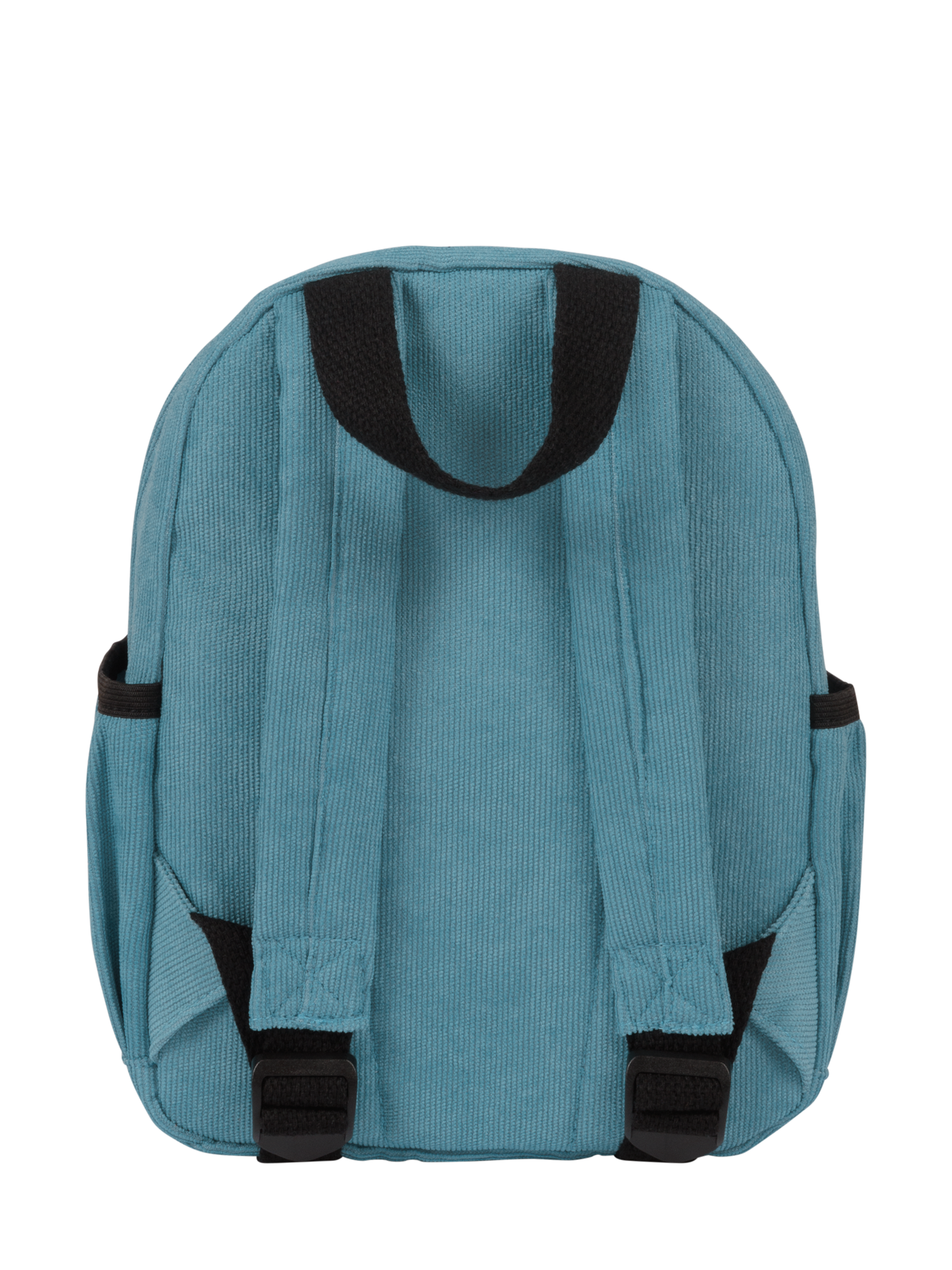 Blue corduroy backpack with adjustable straps and side pockets, perfect for kids' everyday adventures.