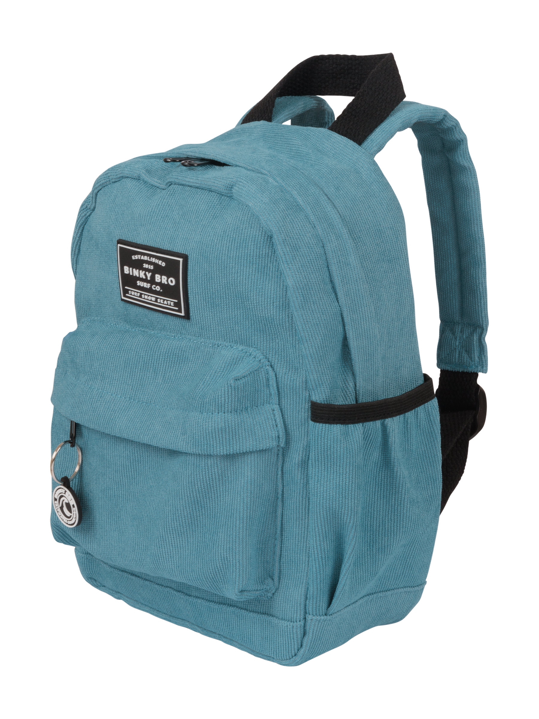 Blue corduroy backpack featuring a front pocket and adjustable straps, perfect for kids' adventures and everyday use.