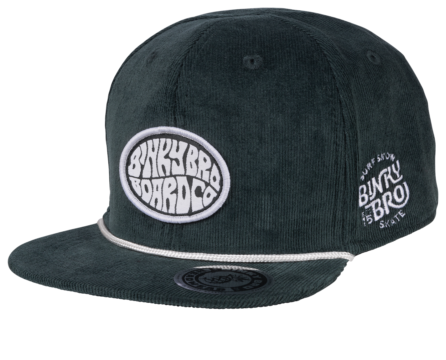 Stylish corduroy snapback hat from BinkyBro featuring a circular logo and contrasting white details, perfect for kids.
