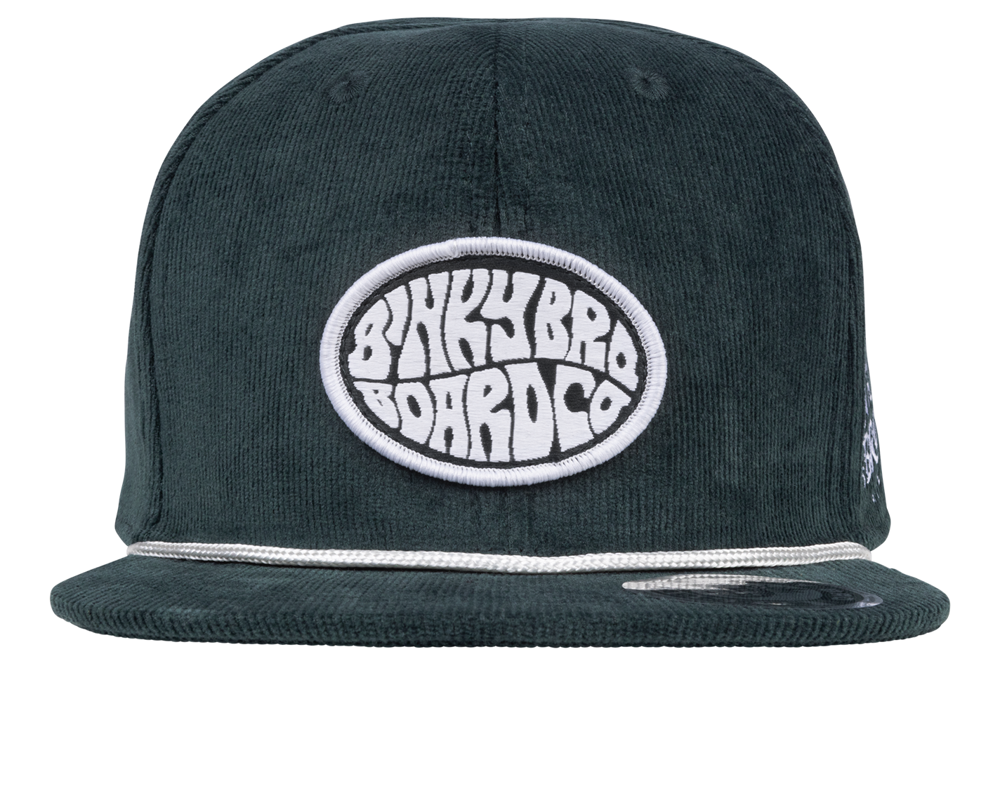 Stylish dark green corduroy snapback hat featuring a circular BinkyBro Board Co. logo on the front.