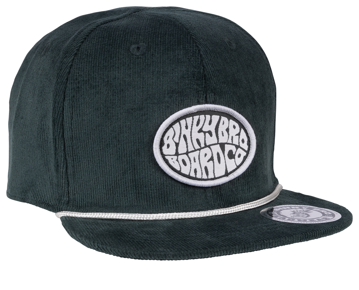 Stylish dark green corduroy snapback hat featuring a circular BinkyBro Board Co. logo and a white rope detail.