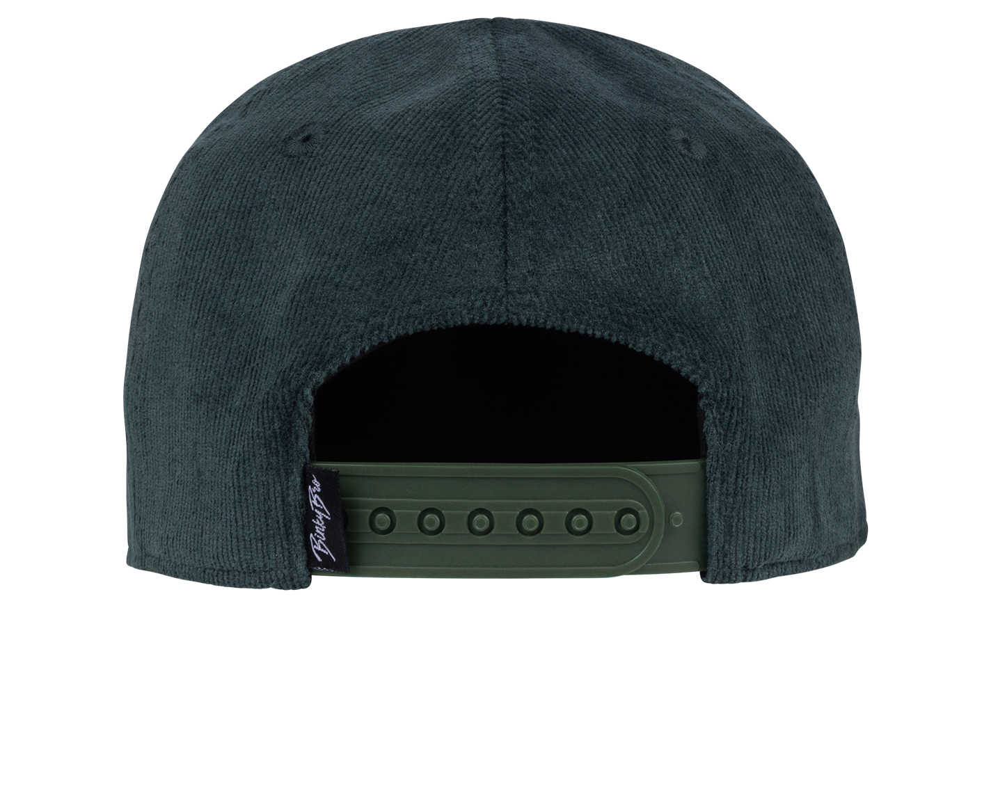 Back view of a dark green snapback hat featuring a textured fabric and adjustable strap for a comfortable fit.