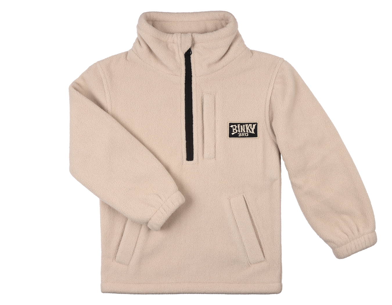 Cozy beige fleece pullover with a half-zip and BinkyBro logo, perfect for infants and toddlers. Ideal for outdoor adventures.