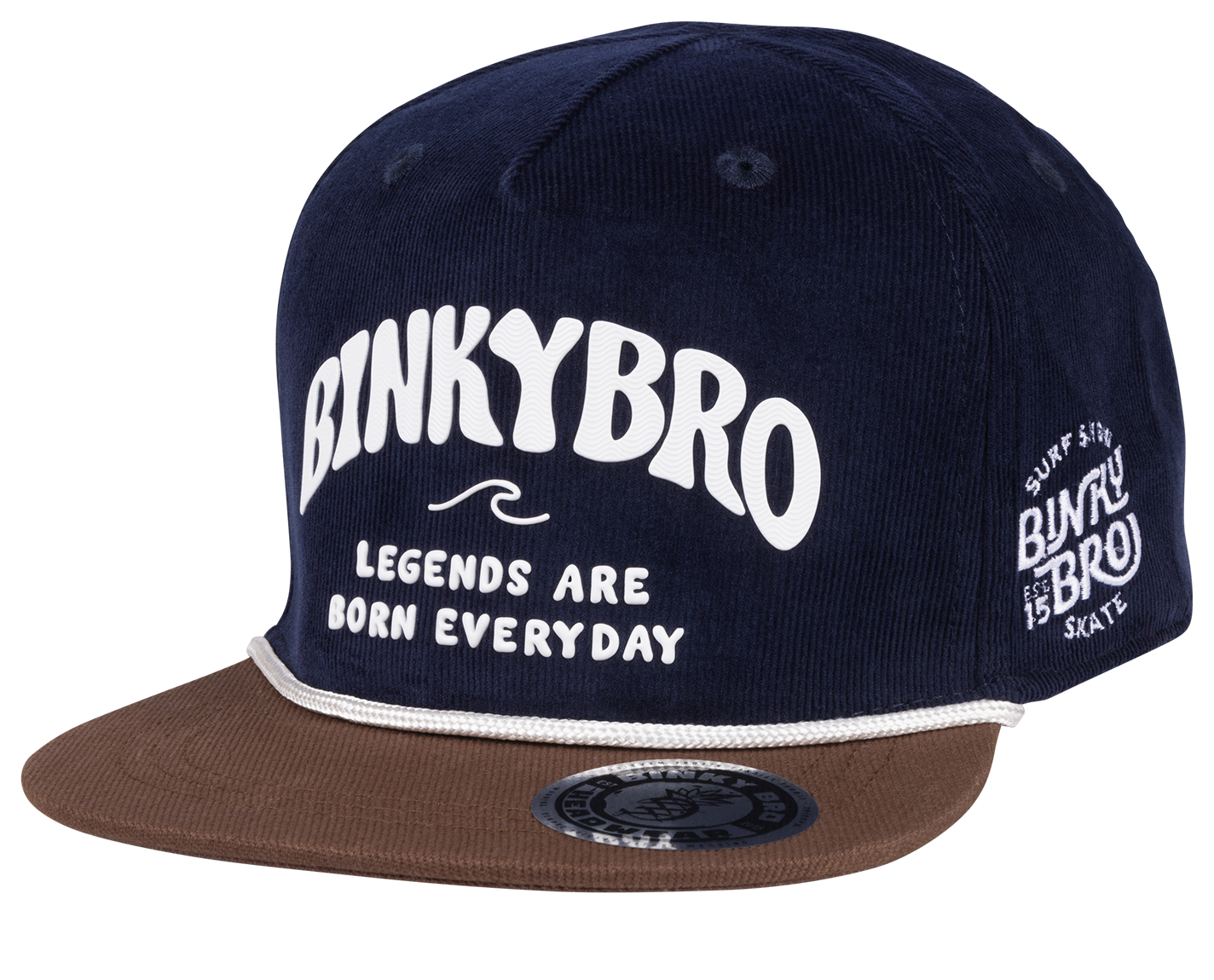 Navy and brown snapback hat featuring "BinkyBro" and "Legends Are Born Everyday" text, perfect for stylish youth wear.