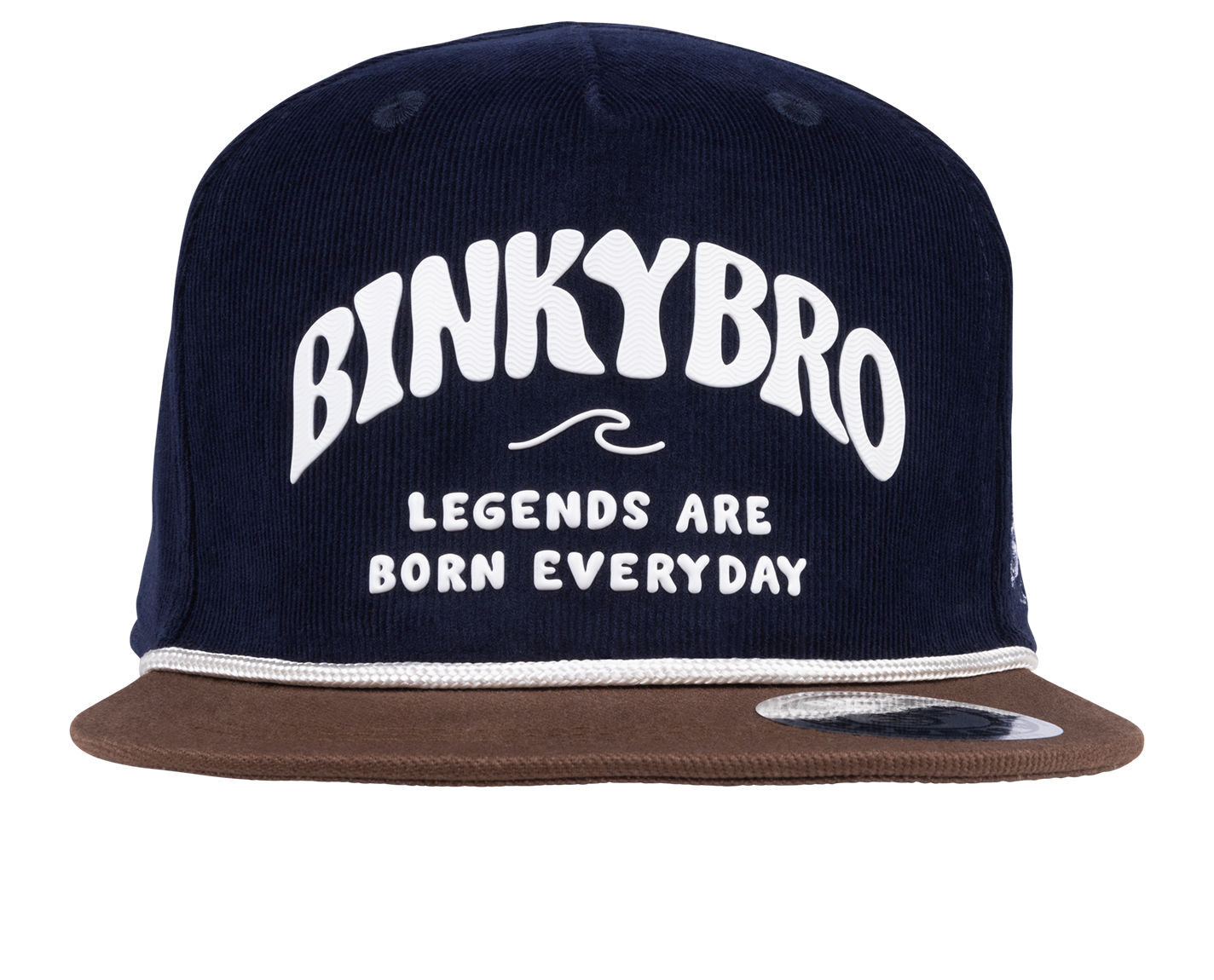 Navy corduroy snapback hat with "BINKYBRO LEGENDS ARE BORN EVERYDAY" text and a brown brim, designed for kids.
