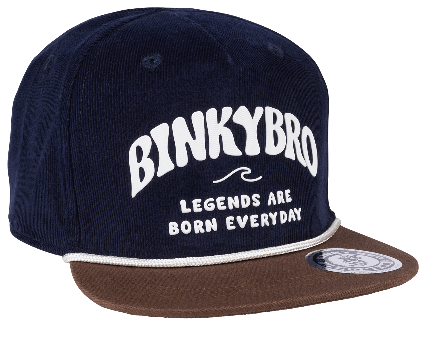 Navy corduroy snapback hat with white "BINKYBRO" text and "LEGENDS ARE BORN EVERYDAY" slogan on the front.