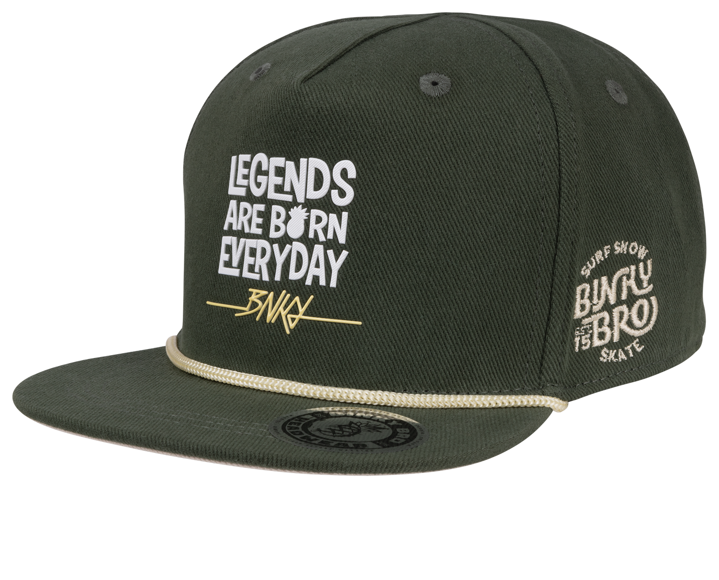 Stylish olive green snapback hat featuring "Legends Are Born Everyday" text and a gold accent, perfect for kids.