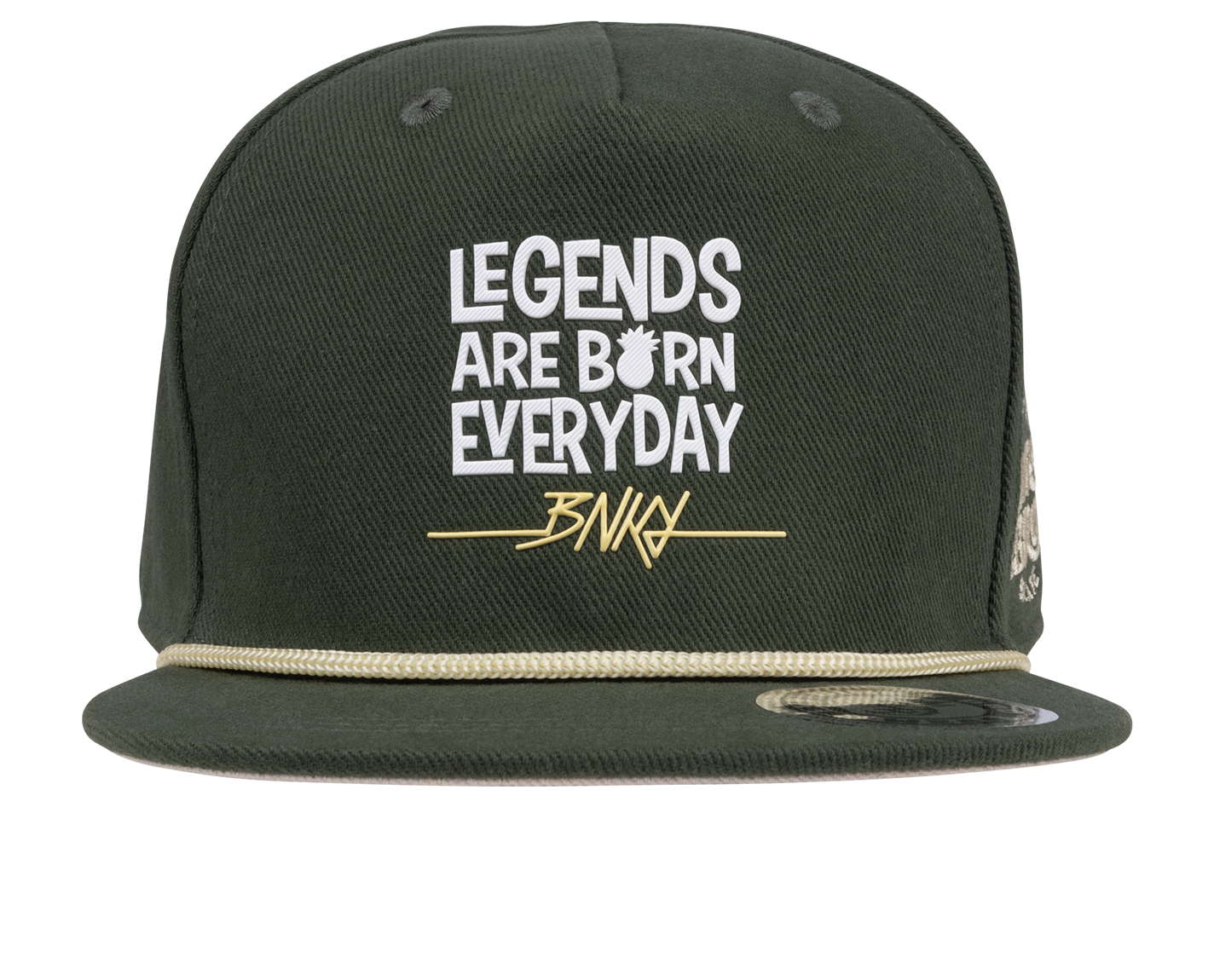 Stylish green snapback hat featuring "Legends Are Born Everyday" text and a gold chain detail, perfect for kids.