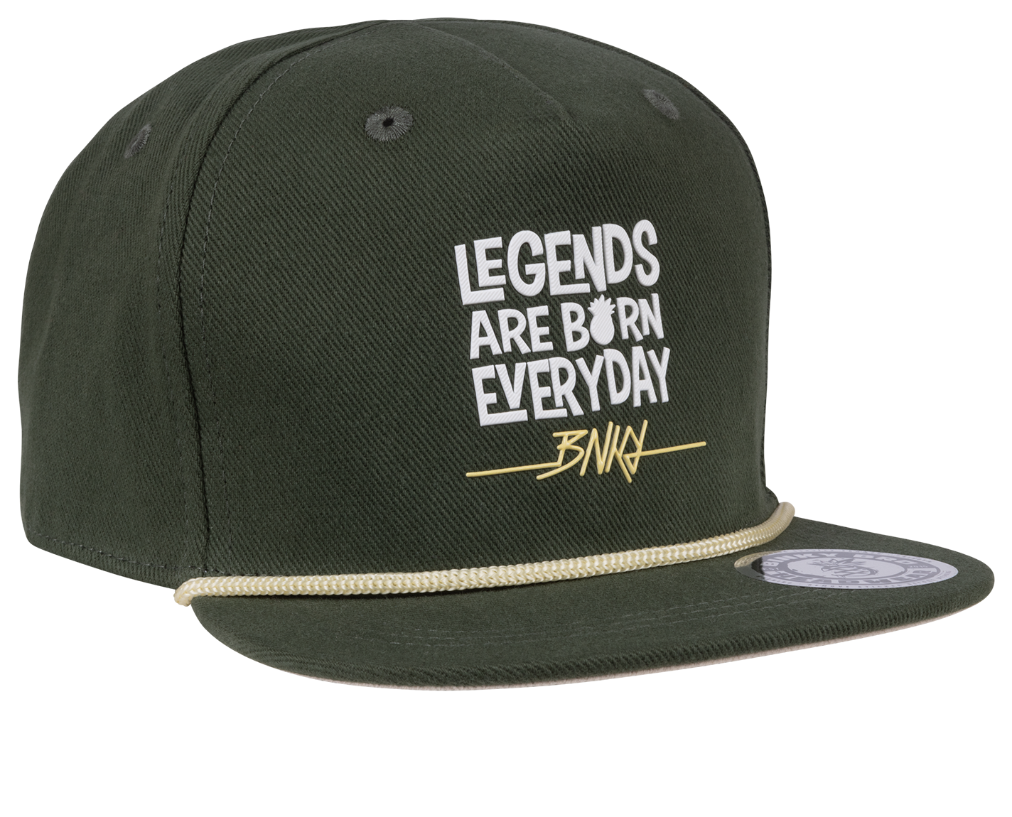 Stylish green snapback hat featuring the phrase "Legends Are Born Everyday" in bold white lettering.