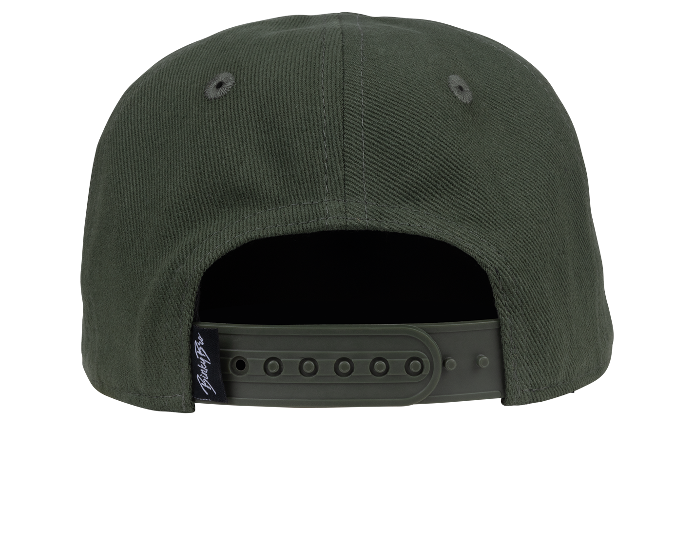 Back view of a green snapback hat featuring a plastic adjustable strap and subtle branding, designed for kids.