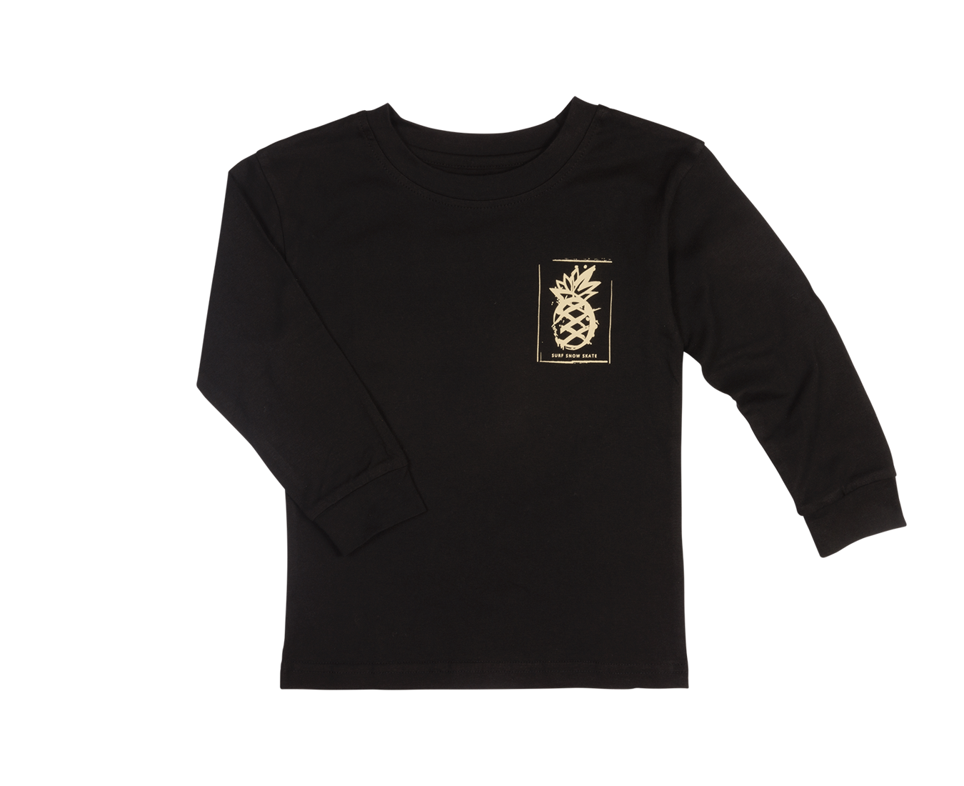 Black long sleeve shirt featuring a gold pineapple graphic on the front, designed for stylish kids. Perfect for casual wear.