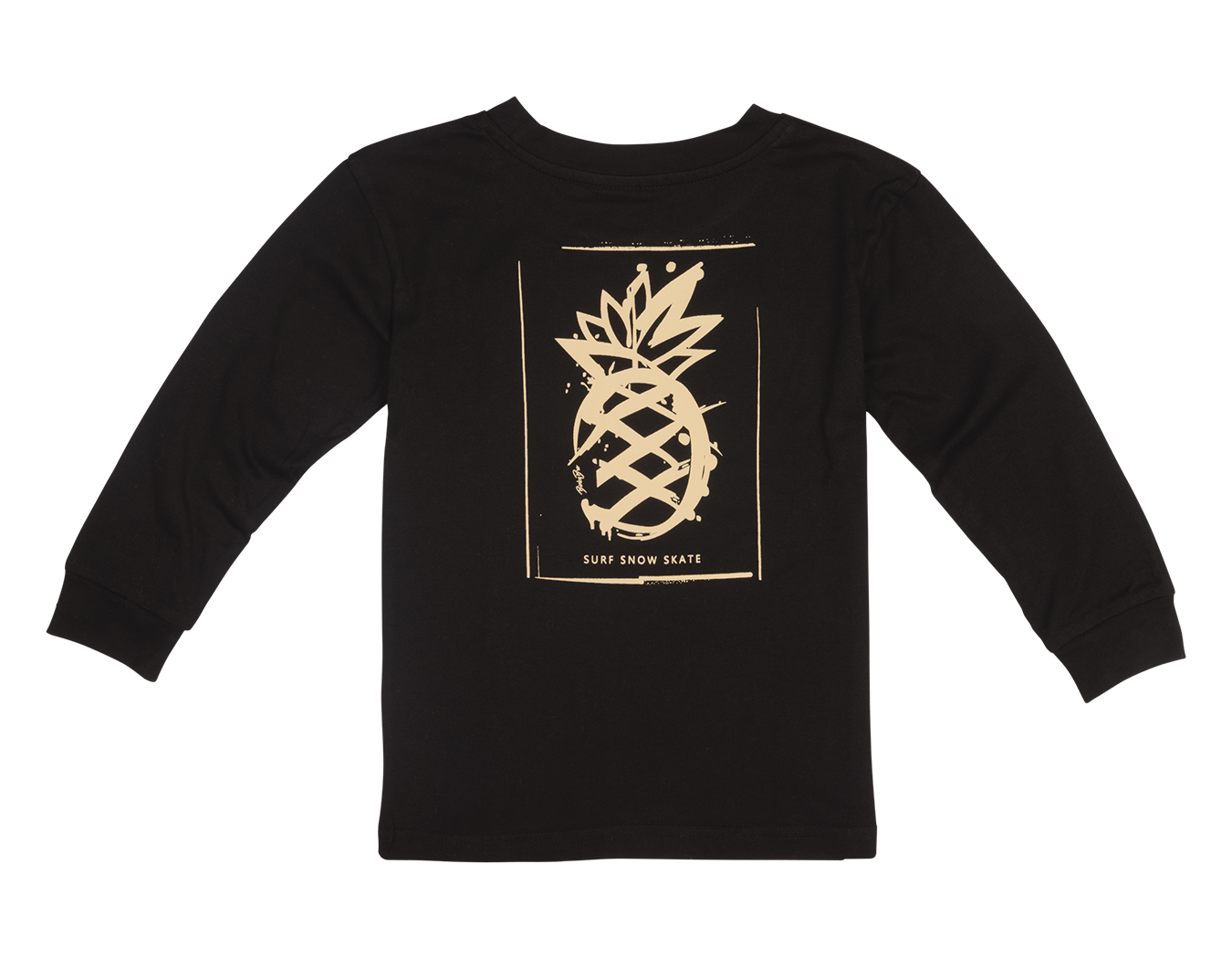 Black long sleeve shirt featuring a gold pineapple graphic with "Surf Snow Skate" text, perfect for stylish kids.