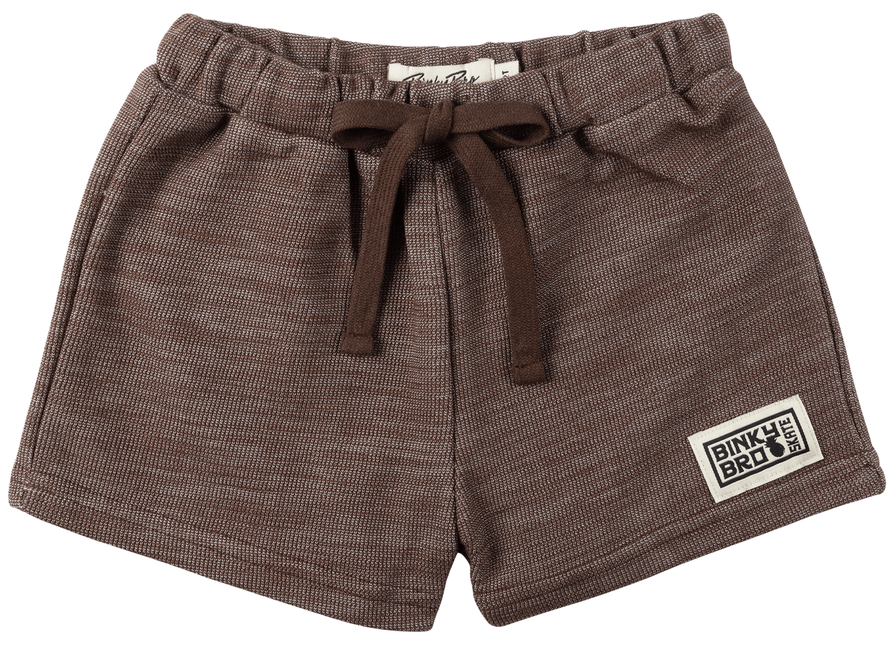Bodee Solid Cocoa shorts in a rich brown fabric with an adjustable drawstring and a BinkyBro logo patch.