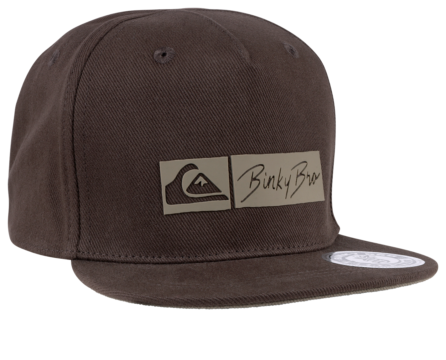Brown snapback hat featuring a stylish BinkyBro logo and Quiksilver emblem, designed for infants and toddlers.