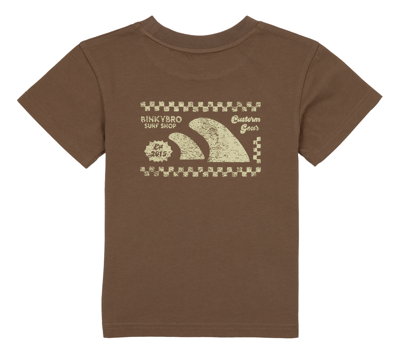 Brown toddler t-shirt featuring a retro surf shop graphic with wave design, perfect for little surf enthusiasts.
