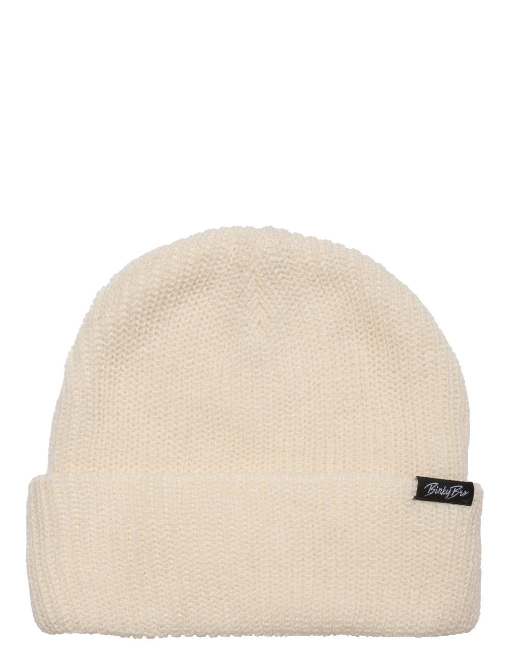 Off-white knit beanie with a folded cuff and BinkyBro logo tag, perfect for infants and toddlers. Stylish and cozy accessory.