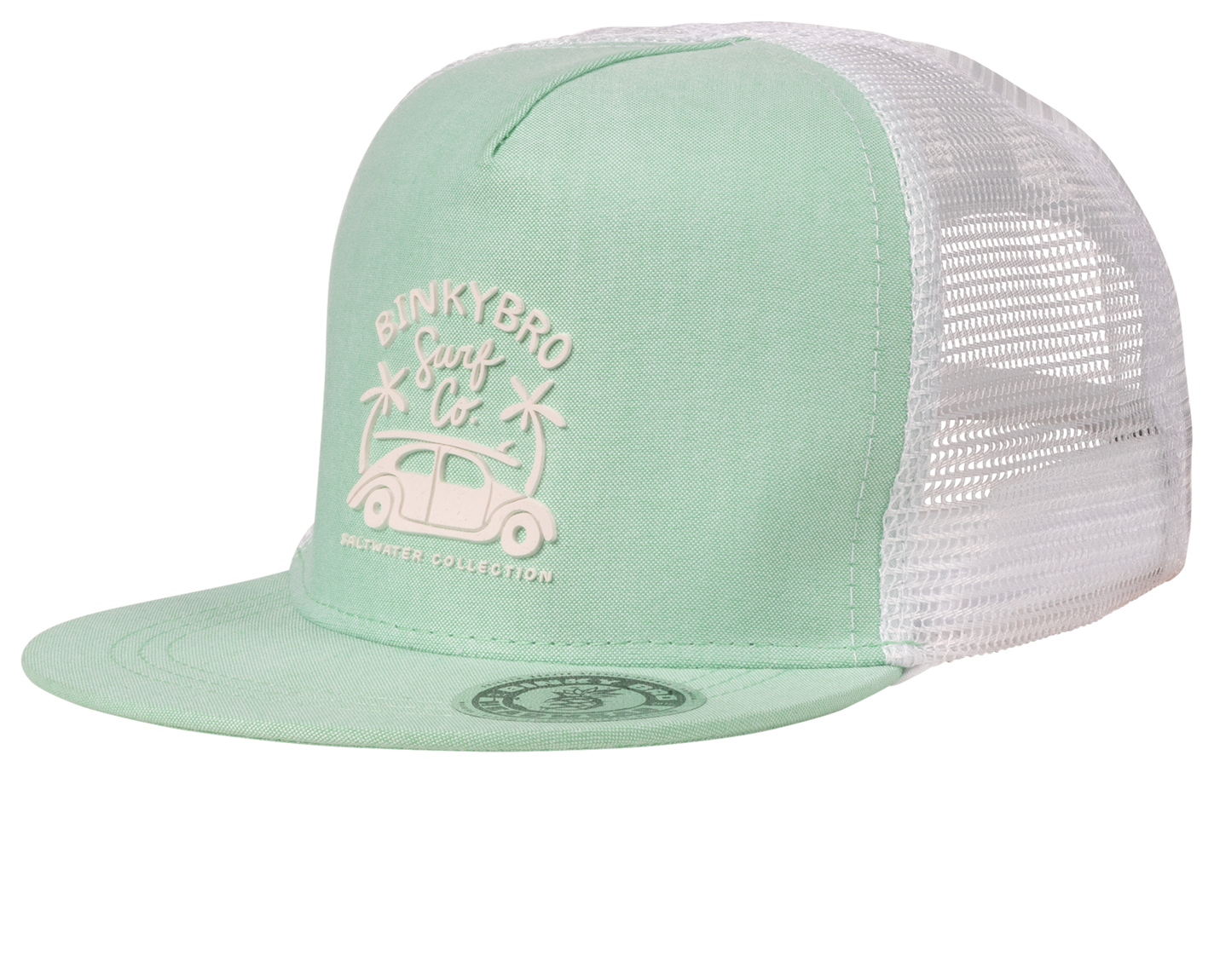 Mint green trucker hat with white mesh back, featuring BinkyBro Surf Co logo and palm tree design. Ideal for kids.