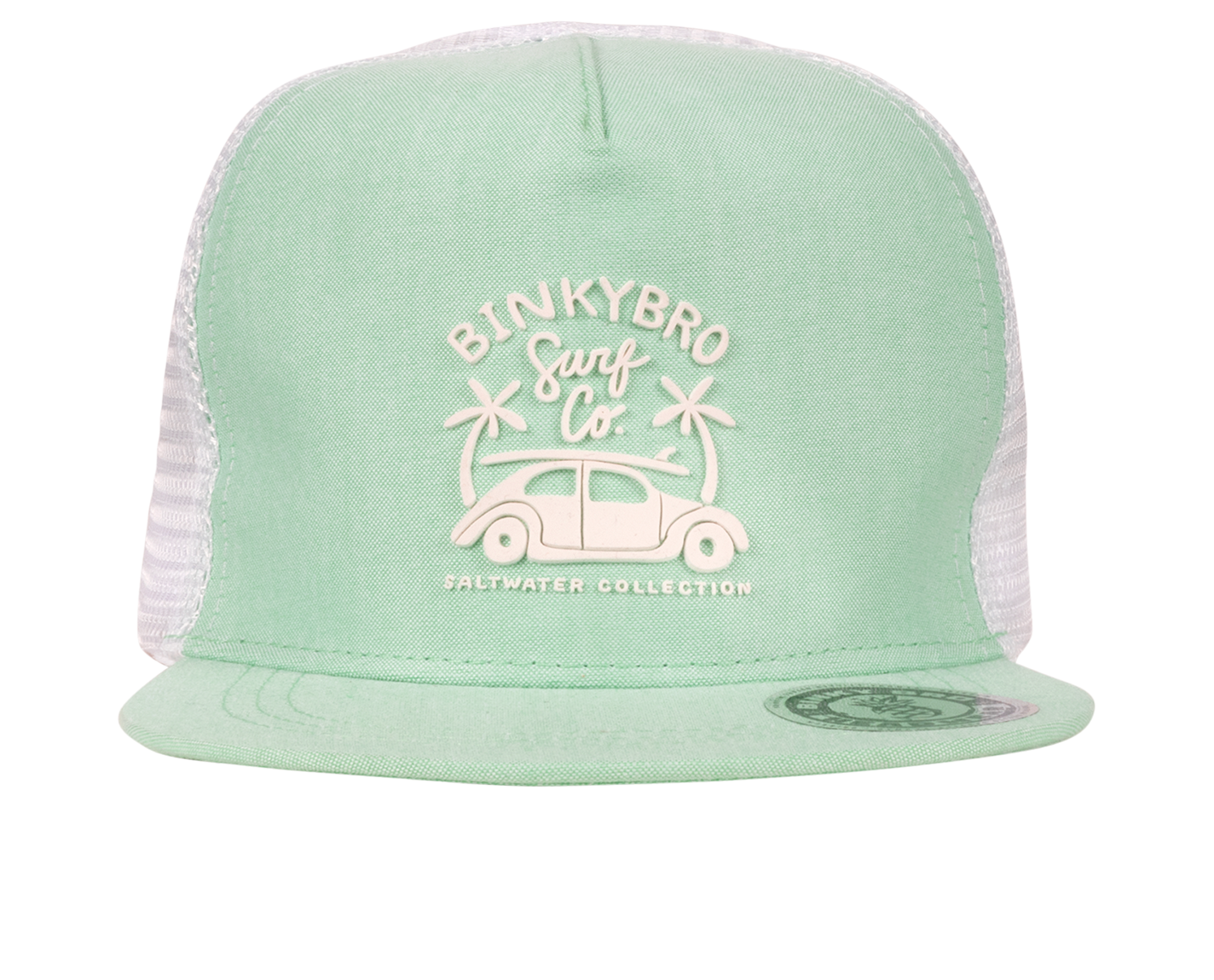 Light green Cabrillo snapback hat with a white mesh back, featuring a palm tree and vintage car logo.