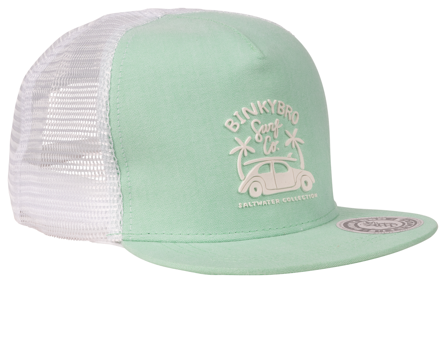 Mint green snapback hat with white mesh back, featuring a retro car and palm tree design, part of BinkyBro's Saltwater Collection.
