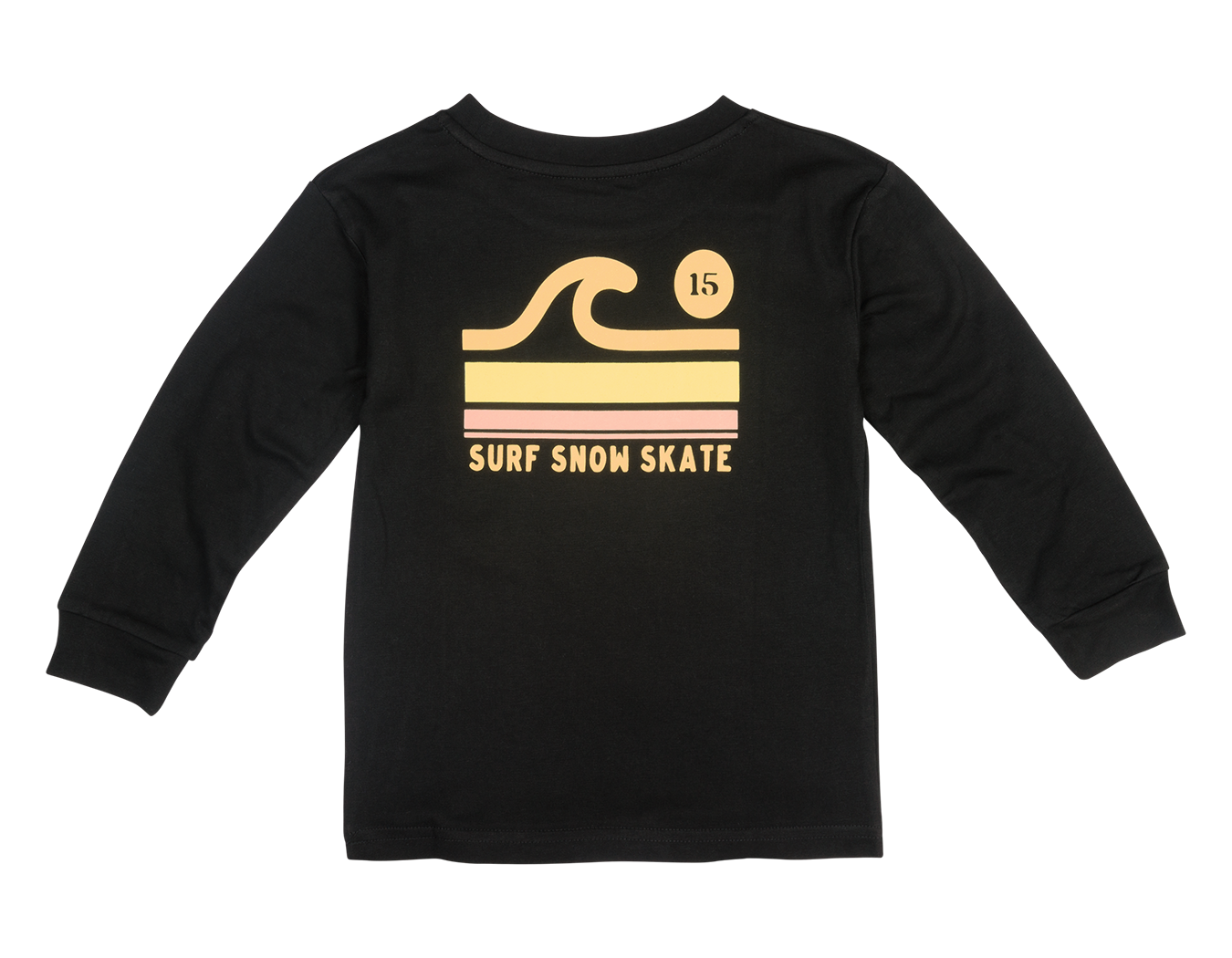Black long sleeve shirt featuring a yellow wave graphic and "Surf Snow Skate" text, designed for kids' active lifestyle.