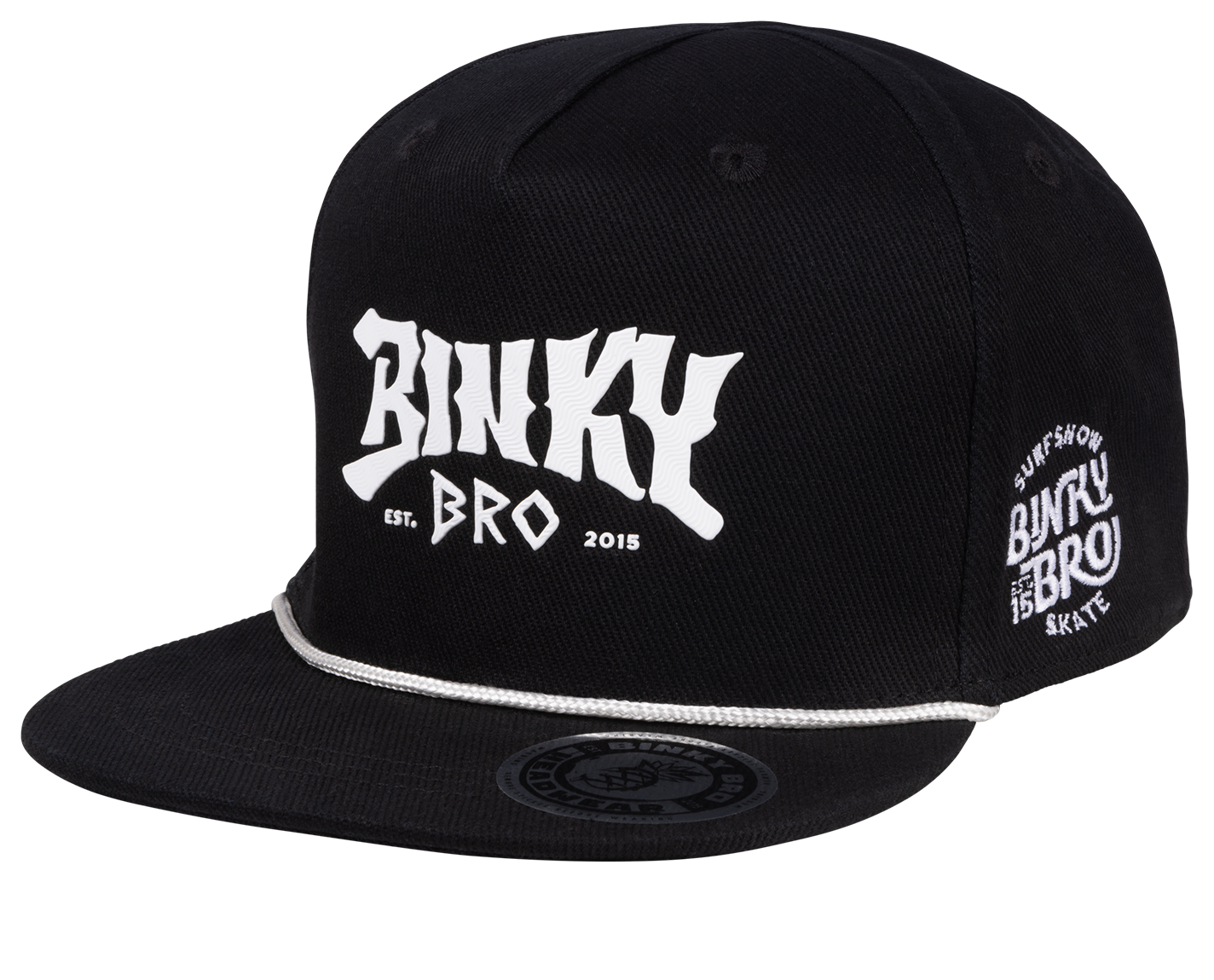 Stylish black snapback hat featuring bold white "Binky Pro" logo and side branding, designed for kids' surf-snow-skate lifestyle.