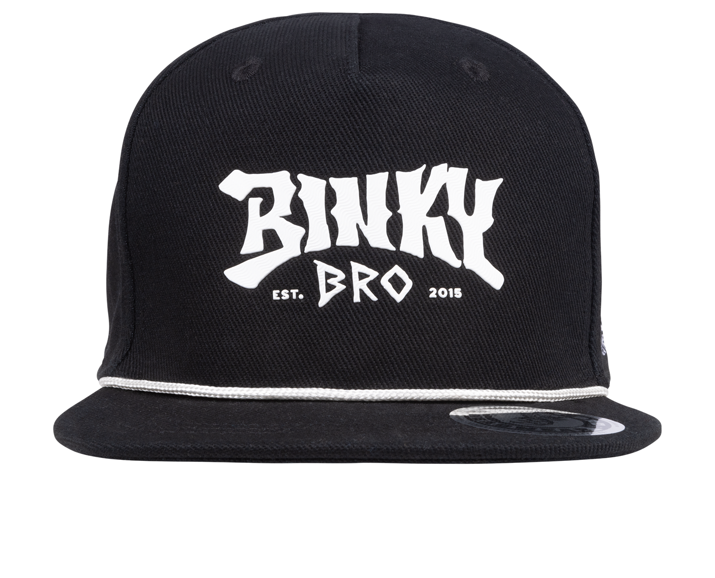 Black snapback hat featuring bold white "Binky Bro" logo and established date, designed for stylish kids.