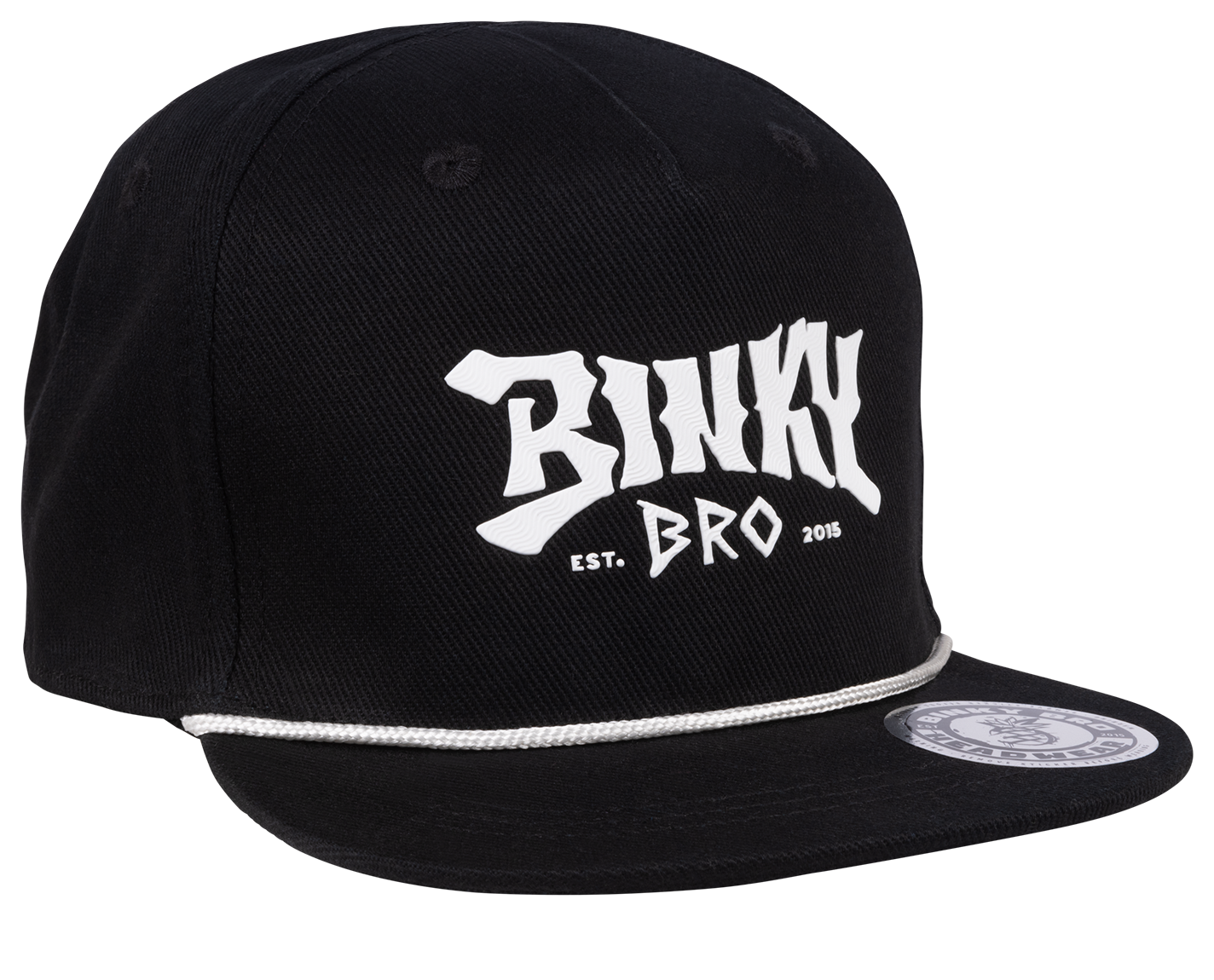 Black snapback hat featuring bold white "Binky Bro" logo and a decorative rope detail, designed for stylish kids.