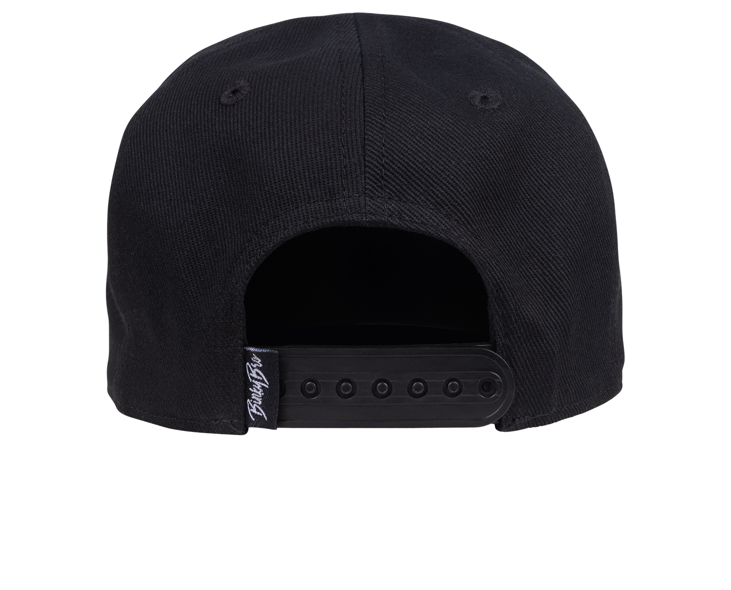 Black snapback hat featuring a flat brim and adjustable strap at the back, designed for stylish youth wear.