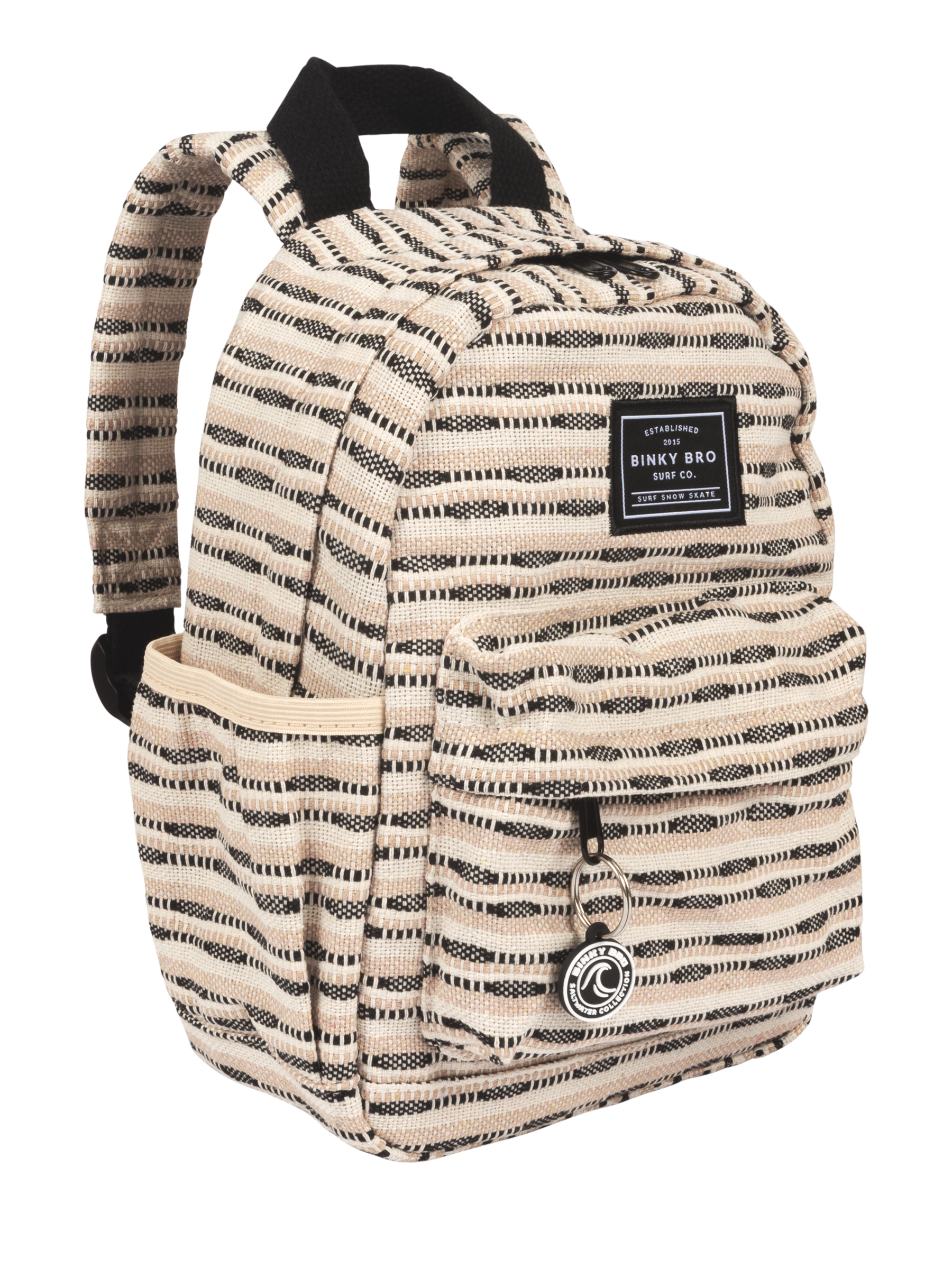 Black striped canvas backpack featuring a front pocket and adjustable straps, designed for stylish kids on the go.