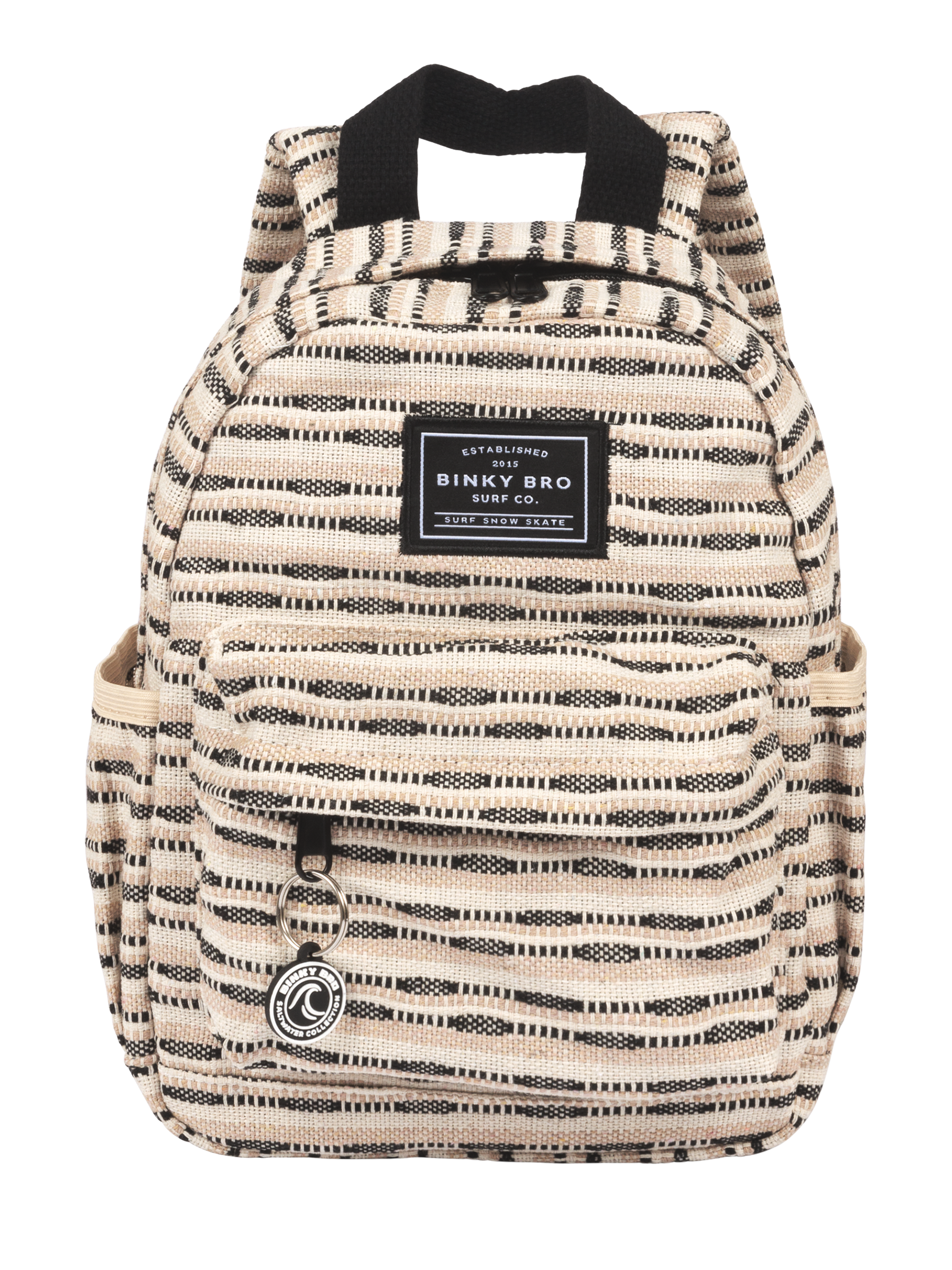 Black striped canvas backpack featuring a front pocket and padded shoulder straps, ideal for kids' adventures.