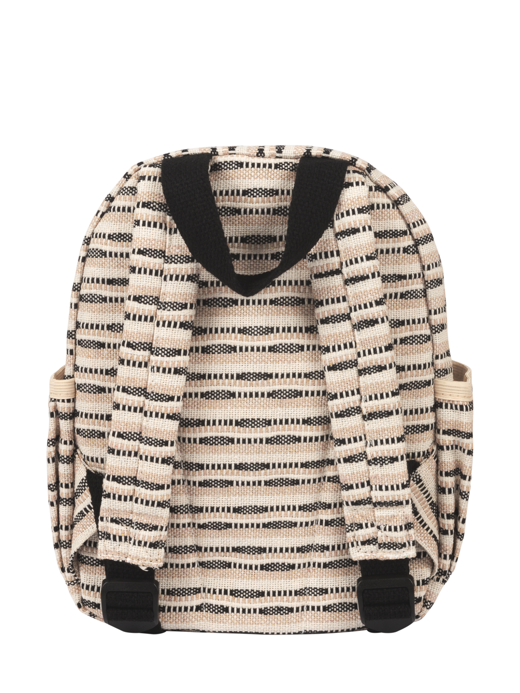 Black striped canvas backpack featuring adjustable straps and a spacious interior, perfect for kids on the go.