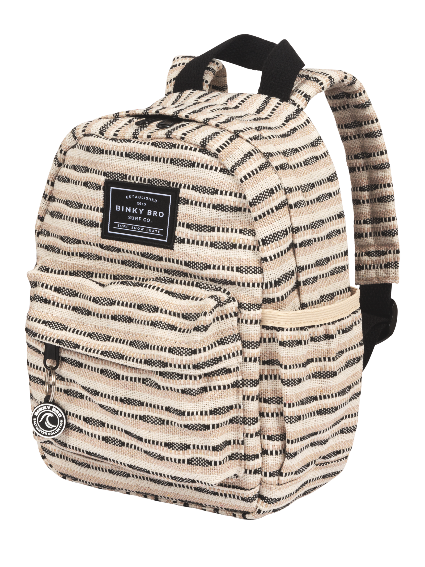 Black striped canvas backpack featuring a front pocket and adjustable straps, perfect for stylish kids on the go.