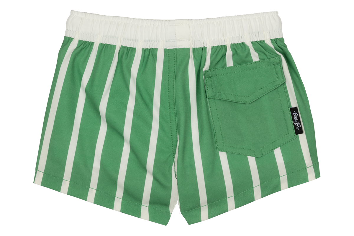 Green and white striped swim trunks featuring an elastic waistband and a back pocket, designed for kids' summer fun.