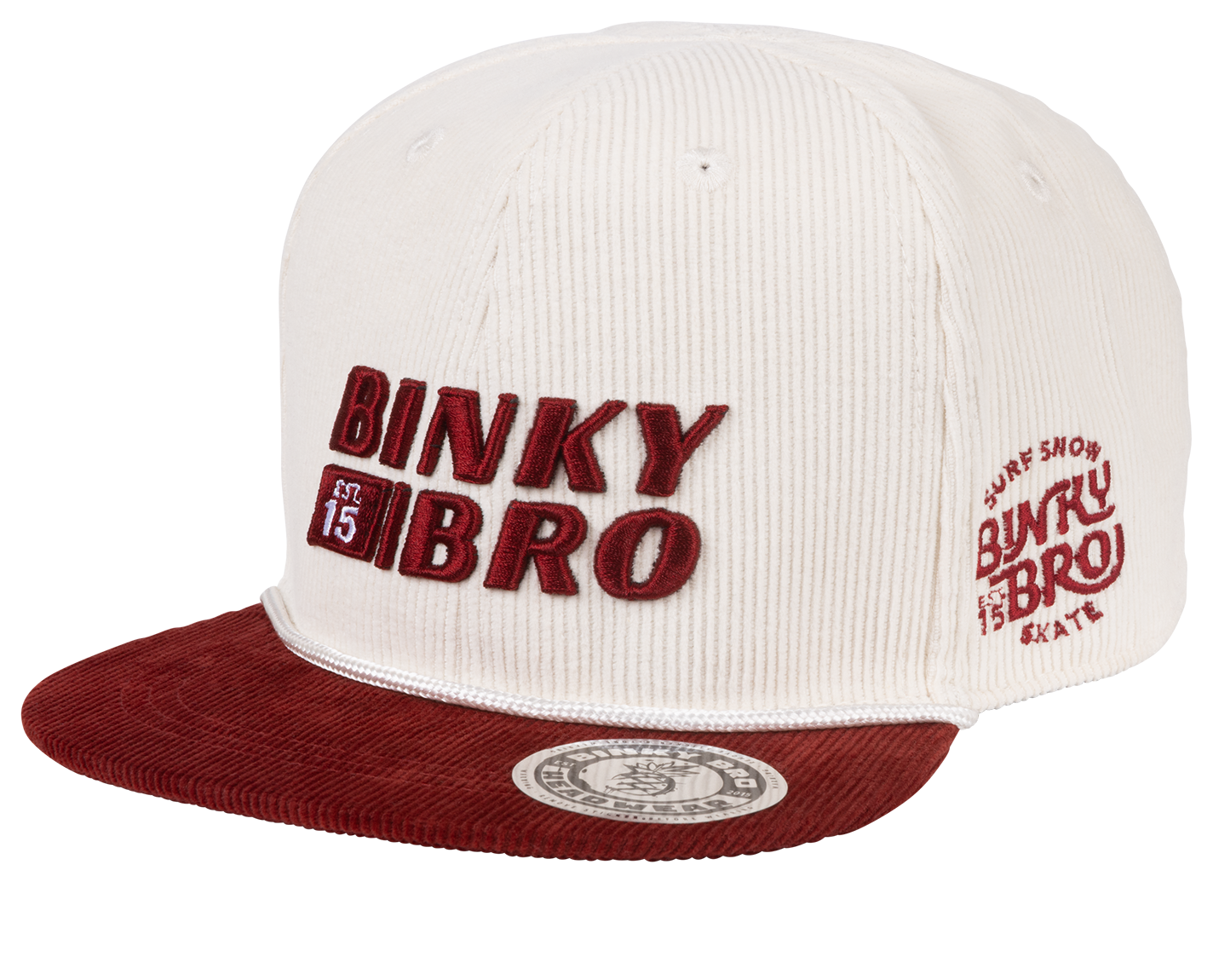 Stylish BinkyBro snapback hat featuring a cream corduroy crown and a burgundy visor, perfect for kids' surf and skate culture.