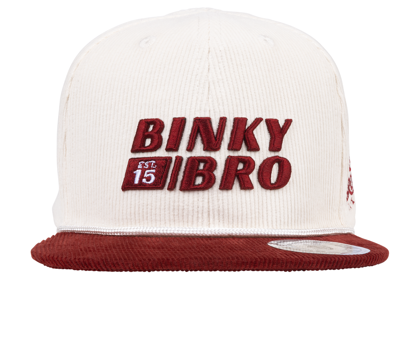 Stylish white corduroy snapback hat with red embroidered BinkyBro logo, perfect for kids' surf-snow-skate lifestyle.