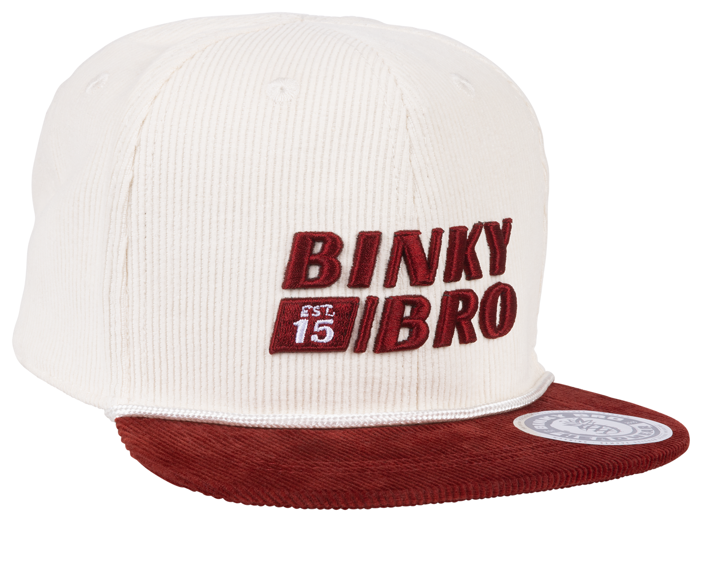 Stylish cream and burgundy snapback cap with BinkyBro logo, perfect for infants and toddlers embracing a surf-snow-skate lifestyle.