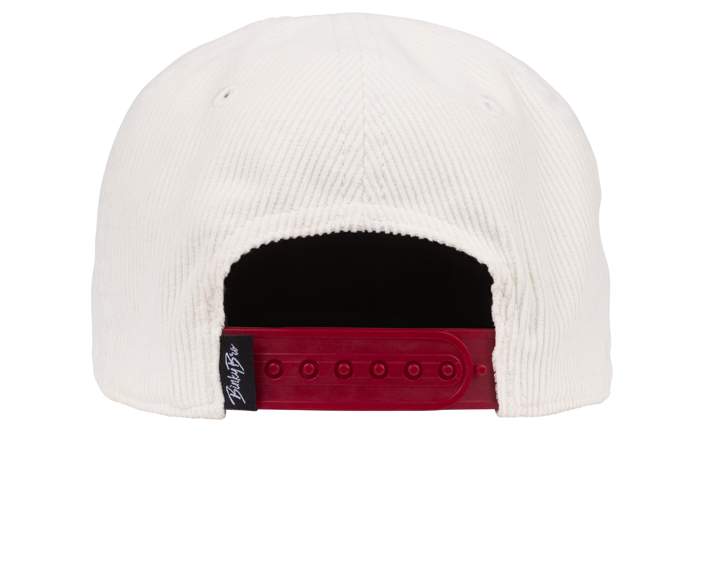 Back view of a white corduroy snapback hat with a red adjustable strap, featuring a logo tag on the side.