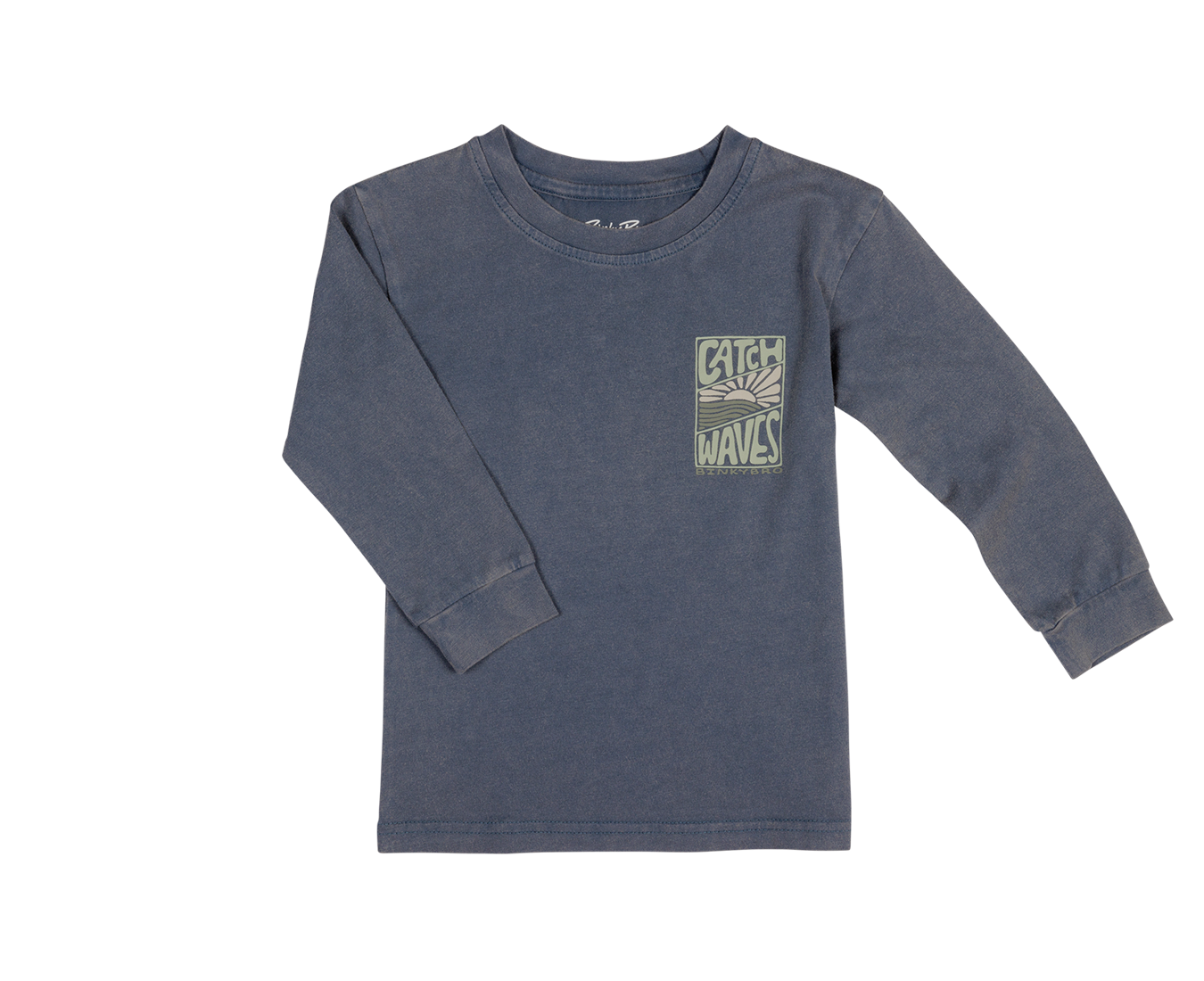 Light long sleeve shirt in navy blue featuring a "Catch Waves" graphic on the chest, perfect for active kids.