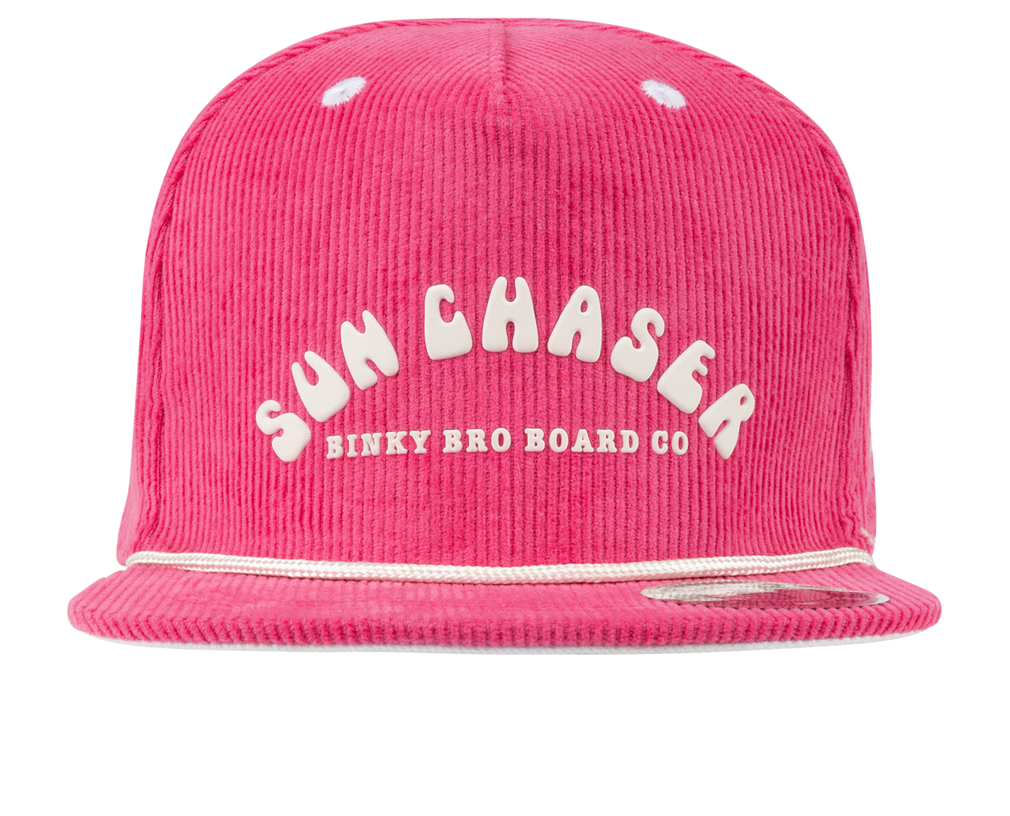 Pink corduroy sun hat with "Sun Chaser" text and a rope detail, designed for stylish outdoor adventures for kids.