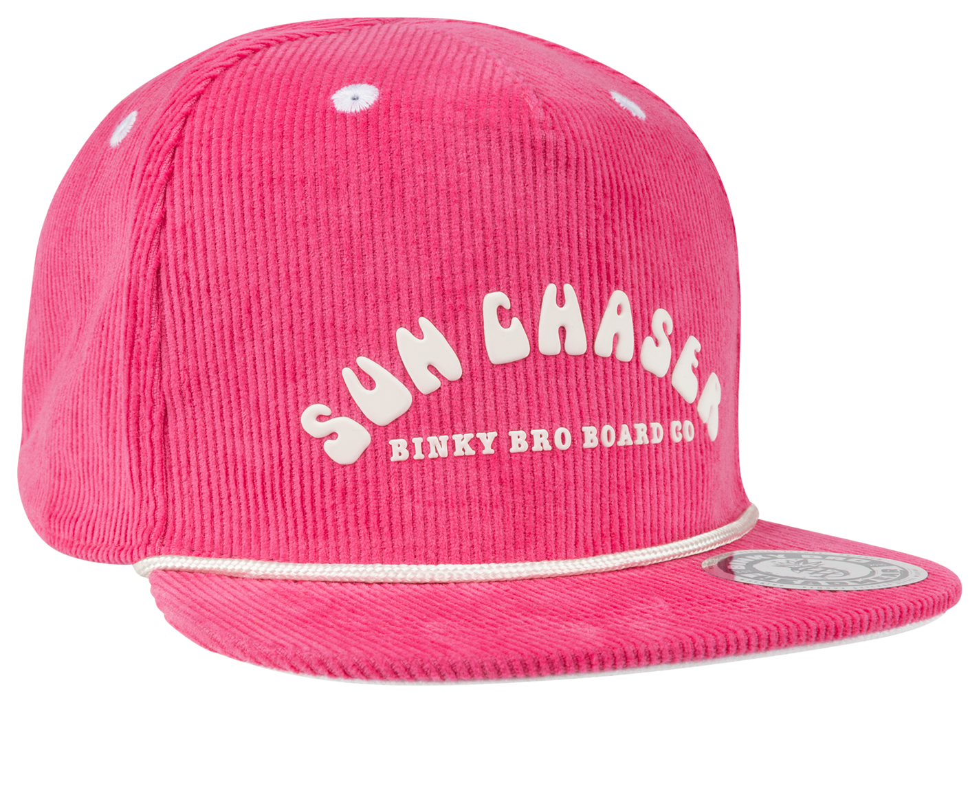 Pink corduroy snapback hat with "Sun Chaser" text and a rope detail, designed for kids' outdoor adventures.