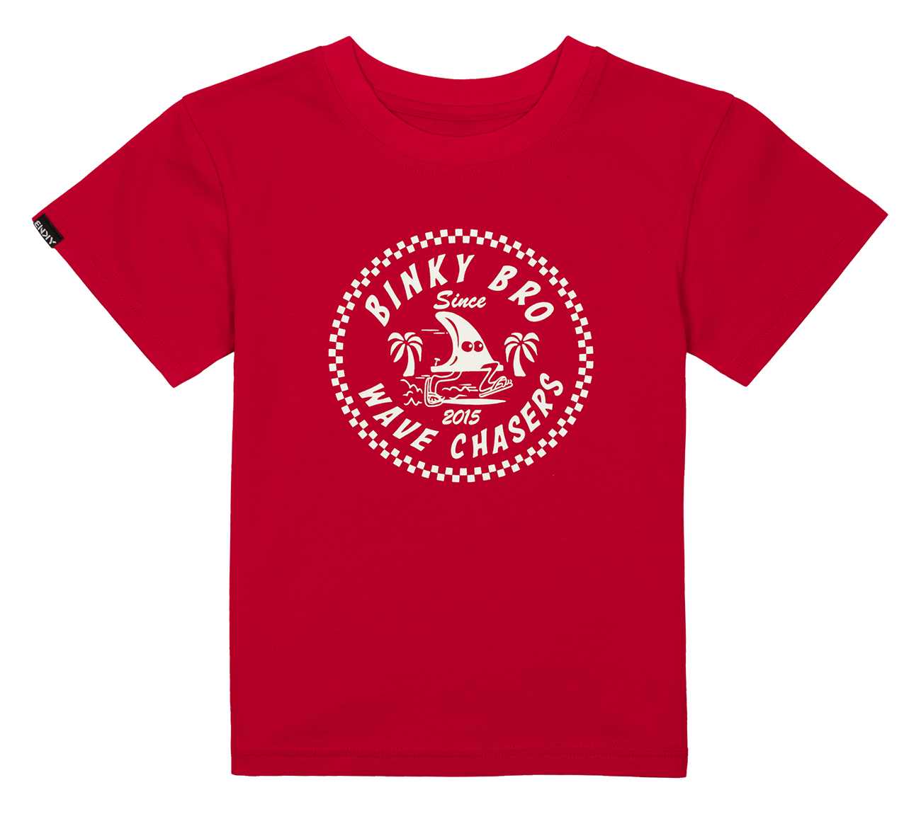 Red Chasers shirt featuring a surf-inspired graphic with "Binky Bro Wave Chasers" text, perfect for active kids.