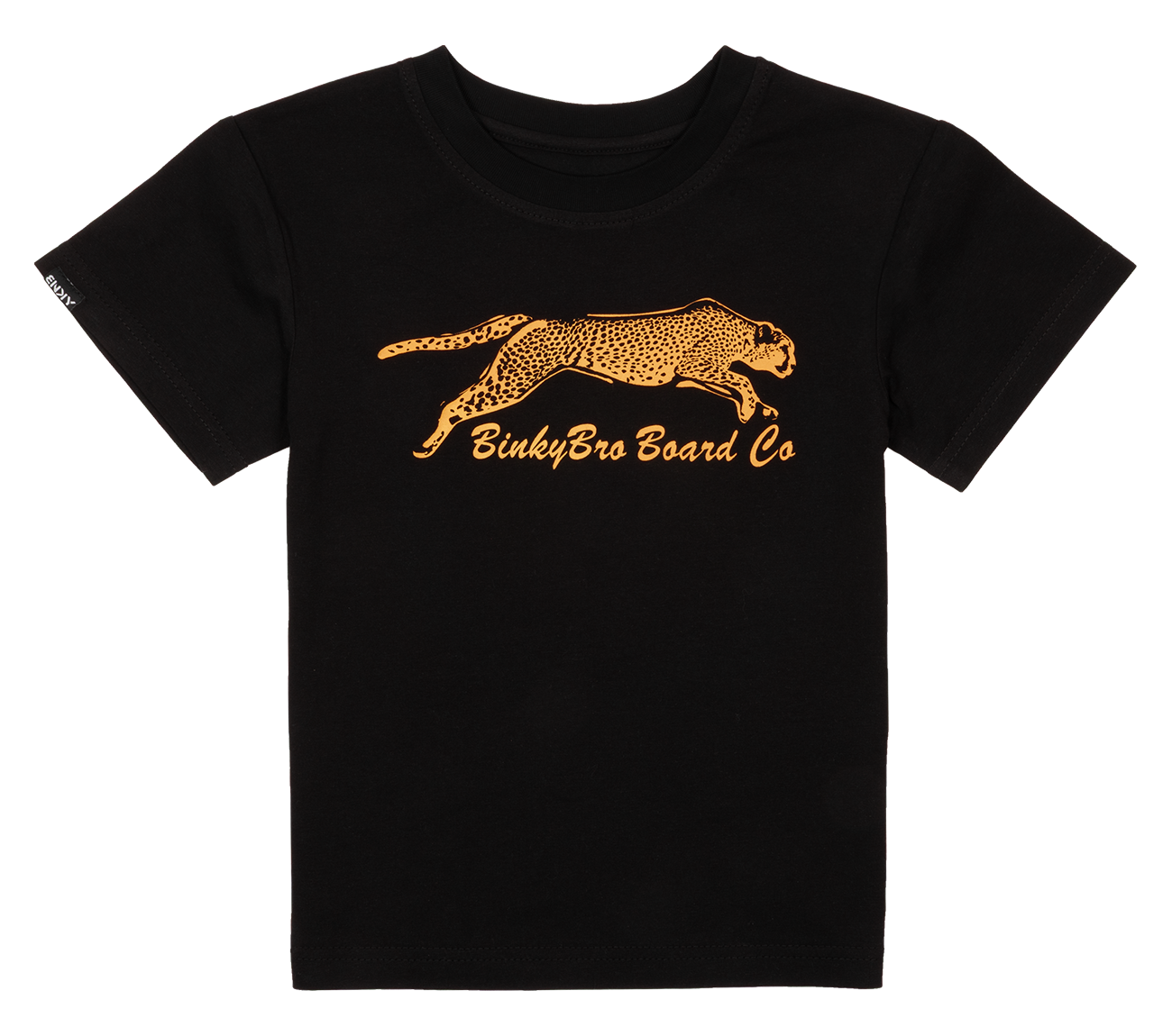 Black t-shirt featuring a vibrant orange cheetah graphic and "BinkyBro Board Co" text, designed for active kids.