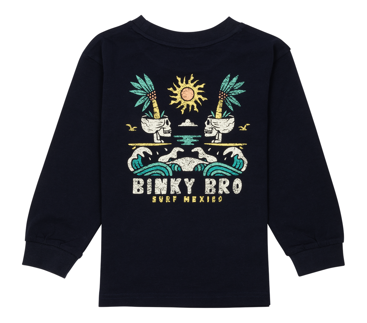 Navy long-sleeve shirt featuring a vibrant graphic of tiki heads, palm trees, and waves, designed for kids.