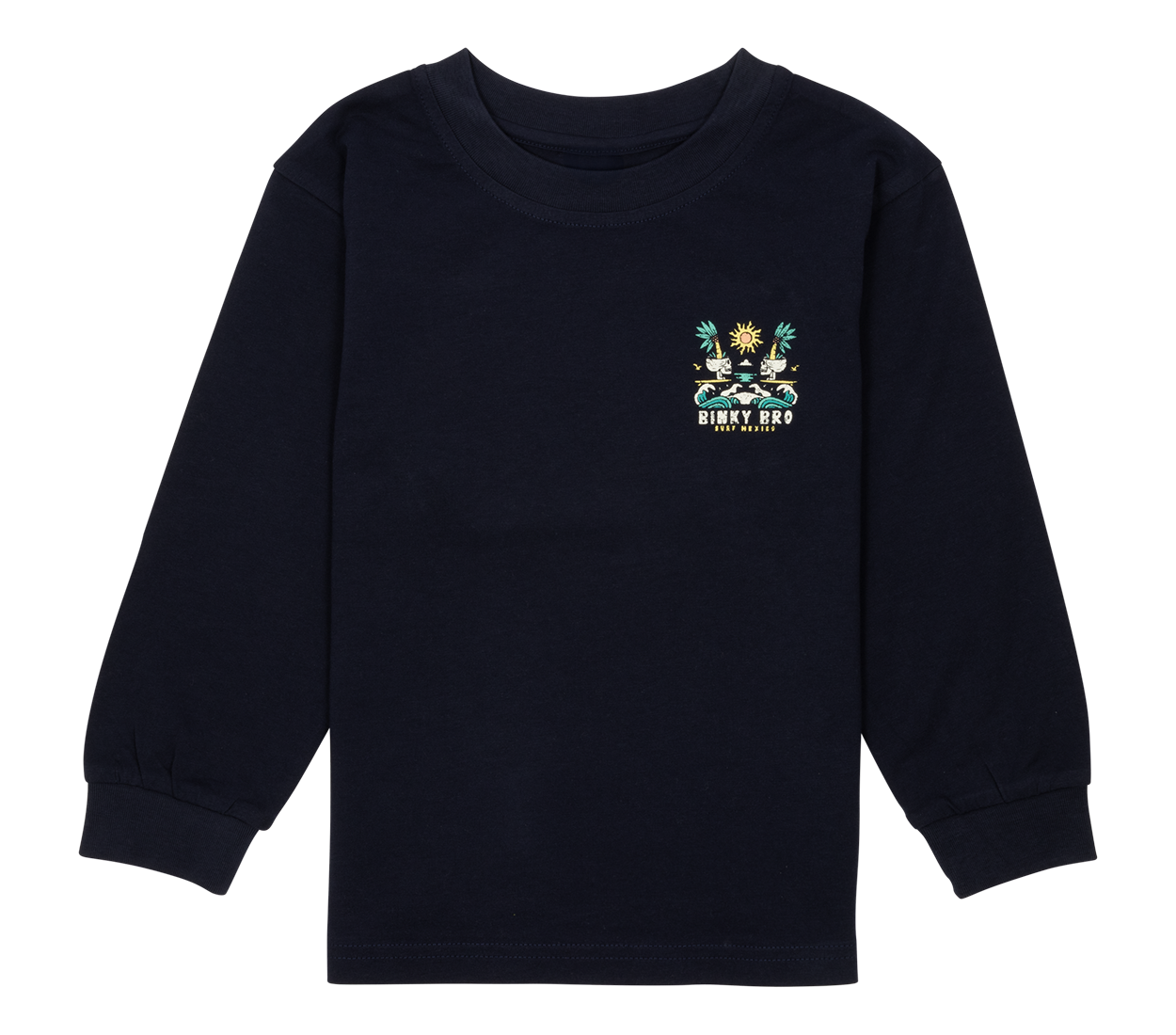 Navy long-sleeve shirt featuring a colorful graphic design on the chest, perfect for infants and toddlers.