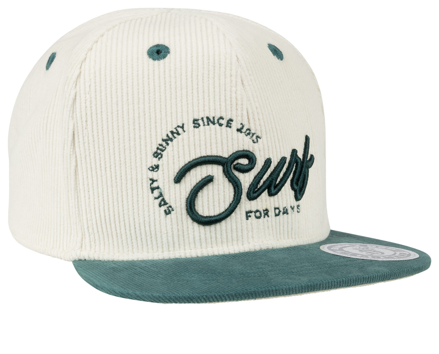 Stylish cream and green snapback hat featuring "Surf For Days" embroidery, perfect for kids' surf-inspired fashion.